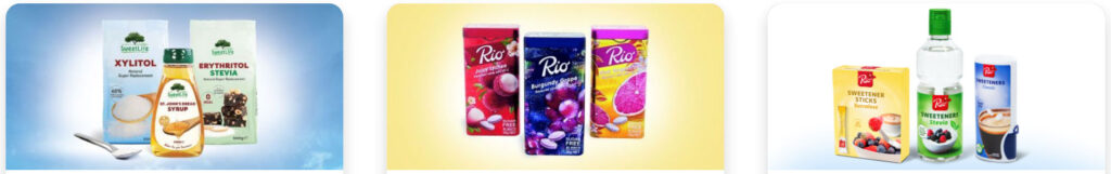 Brede banner met producten van SweetLife en Rio: suikervervangers, zoetstoffen en suikervrije mintjes – vacature Supply Chain Manager Rio Mints & Sweeteners.